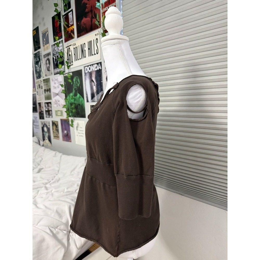 Y2K Rang Brown Top Womens XL Raw Hem Layered Look 3/4 Sleeve Stretch Grunge - Picture 2 of 6